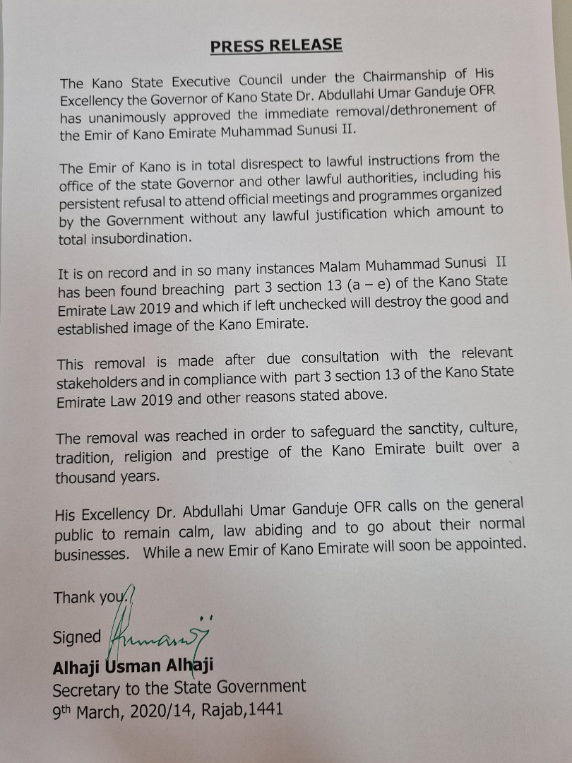 press release on Sanusi dethronment